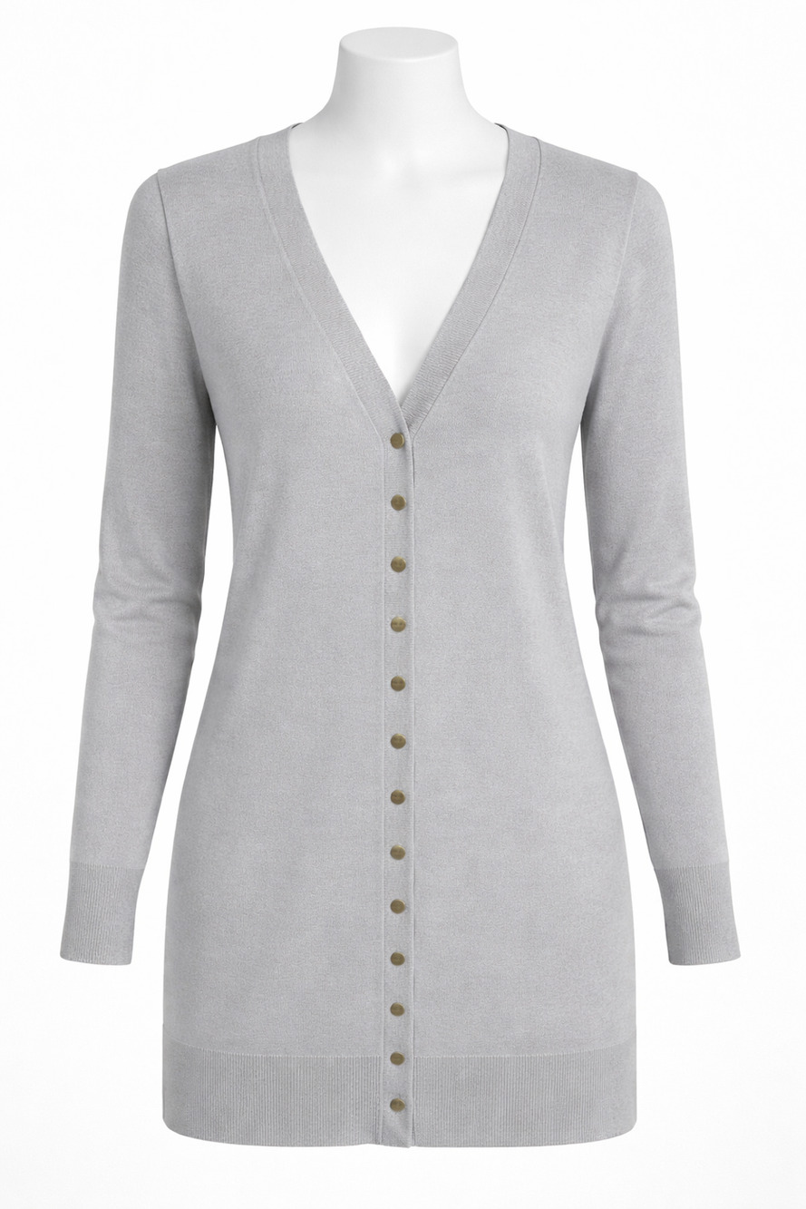 Halife Longline Button Front Knit Cardigan Light Gray Small